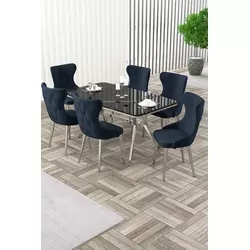 HANAH HOME Rasklopivi trpezarijski sto i stolice (7 delova) Esla Black Marble Chrome Anthracite