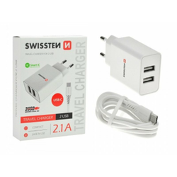 Swissten 2xUSB omrežni polnilnik / adapter, 2,1 A, bel + kabel tipa C