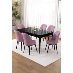 Hanah Home trpezarijski set Pir, sto i 6 stolica, ploča u dekoru crnog mermera, roze tkanina Babyface
