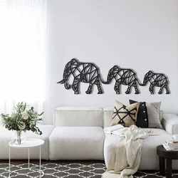 WallXpert metalni zidni ukras 5051, tri geometrijska slona u nizu, 60 x 19 cm, crni