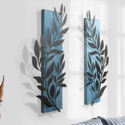 WallXpert zidni ukras od drveta i metala Olivia, dve grane sa listovima, 2 dela, 65 x 62 cm, plavo drvo / crni