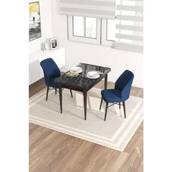 Hanah Home trpezarijski set Arp, sto i 2 stolice, ploča u dekoru crnog mermera, teget tkanina Babyface