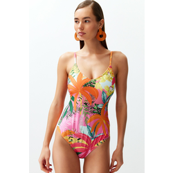 Trendyol Tropical Patterned V-Neck Low-Cut Back Regular Swimsuit