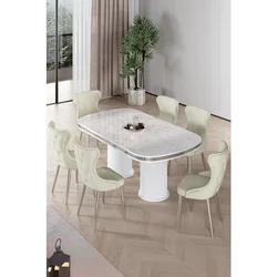 Hanah Home trpezarijski set Galya, sto i 6 stolica, ploča u dekoru belog mermera, hromirane noge, krem tkanina Babyface