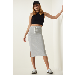 Happiness Istanbul Womens White Striped Slit Wrap Knitted Skirt