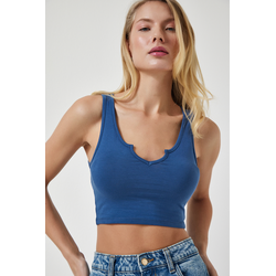 Happiness Istanbul Womens Indigo Blue Strappy Crop Knitted Blouse