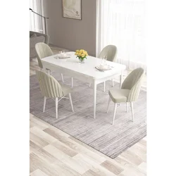 Hanah Home trpezarijski set Roz, sto na razvlačenje i 4 stolice, bela ploča, krem tkanina Babyface