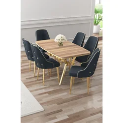 Hanah Home trpezarijski set Asel, sto i 6 stolica, ploča u dekoru Hazar, zlatne noge, antracit tkanina Babyface