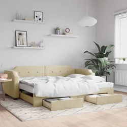 Vidaxl Izvlečna dnevna postelja s predali krem 100x200 cm blago