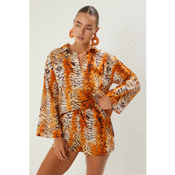 Trendyol Leopard Patterned Weaving 100% Cotton Shirt Shorts Beach Set