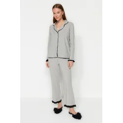 Trendyol Gray Melange 100% Cotton Ruffled Welt Shirt-Pants Knitted Pajamas Set