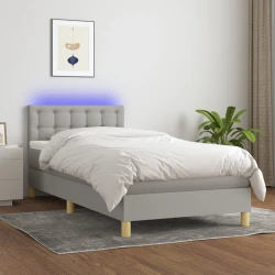 Greatstore Box spring postelja z vzmetnico LED svetlo siva 90x190 cm blago