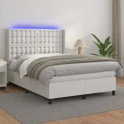 shumee Box spring postelja z vzmetnico LED bela 140x200cm umetno usnje