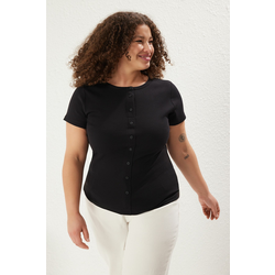 Trendyol Curve Black Button Detail Fitted Corduroy Knitted Plus Size Blouse