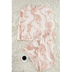Trendyol Powder 100% Cotton Animal Patterned Knitted Pajama Set
