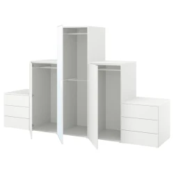 PLATSA Garderober s 3 vrata i 6 fioka, bela STRAUMEN staklo ogledala/FONNES bela, 300x57x181 cm