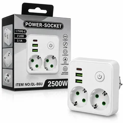 POWER-SOCKET QL-86U - zidni adapter 2500W sa 2 utičnice, USB i Type-C priključkom