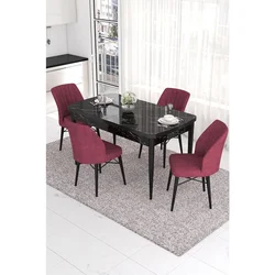 Hanah Home trpezarijski set Eva, sto na razvlačenje i 4 stolice, ploča u dekoru crnog mermera, bordo tkanina Babyface