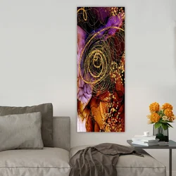 WallXpert slika na platnu DKY41393502138, apstraktni motiv sa zlatnim spiralama u ljubičastim i bakarnim tonovima, 30 x 80 cm