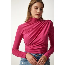 Happiness Istanbul Womens Pink Gathered Detailed High Neck Sandy Blouse