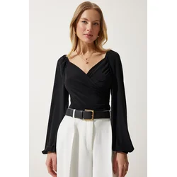 Happiness Istanbul Womens Black Elastic Balloon Sleeve Sandy Knitted Blouse