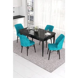 Hanah Home trpezarijski set Eva, sto na razvlačenje i 4 stolice, ploča u dekoru crnog mermera, tirkizna tkanina Babyface