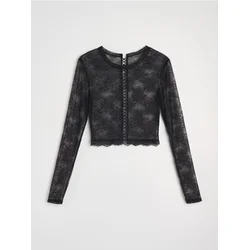 Sinsay - Čipkani elastični crop top s dugim rukavima - crno
