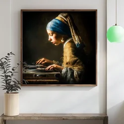 WallXpert uramljena MDF slika DOS058-33, parodija Devojke sa bisernom minđušom za gramofonom, 34 x 34 cm