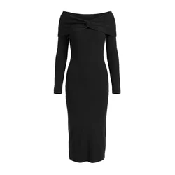 Trendyol Milla ženska haljina Carmen Collar Bodycone Ribbed Maxi Length Knitwear Dress Twoaw27El00012, crna