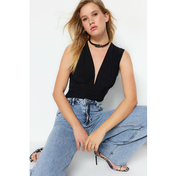 Trendyol Black Lace-Up Detail V-Neck Fitted/Situated, Flexible Knitted Bodysuit with Snap fastener