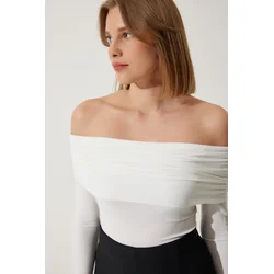 Happiness Istanbul Womens White Off-Shoulder Gather Detailed Blouse
