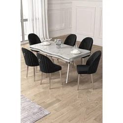 Hanah Home trpezarijski set Pem, sto i 6 stolica, ploča u dekoru belog mermera, hromirane noge, crna tkanina Babyface