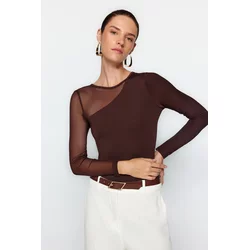 Trendyol Brown Tulle Detailed Snap Snap Elastic Pleteno Bodysuit