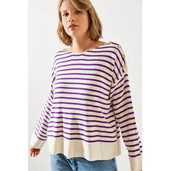 Bianco Lucci Womens Striped Shoulder Buttoned Sweater