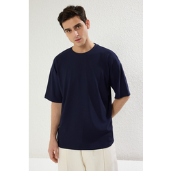 Trendyol Navy Blue Premium Oversize Crew Neck Short Sleeve Textured Ottoman T-Shirt