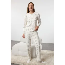 Trendyol Ecru Soft Touch Cotton Floral Ribbed Knitted Pajama Set