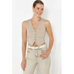 Trendyol Mink Button Detailed V-neck Crop Regular/Normal Cut Stretch Knitted Vest