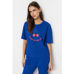Trendyol Navy Blue 100% Cotton Cherry Printed T-shirt-Pants Knitted Pajamas Set