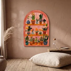 WallXpert MDF zidna slika nepravilnog oblika ART3DCNCMDL5, police sa saksijama kaktusa i cveća u obliku luka, 50 x 34 cm
