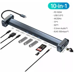 Adapter Type C JWD-TC45 na LAN, PD, HDMI, Type C, 3x USB 3.0, SD, TF, 3.5mm 10 u 1 sivi