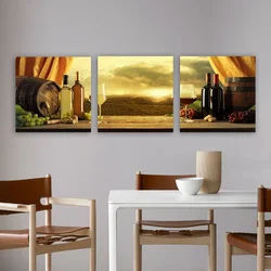 WallXpert slika na platnu od 3 dela P274538, vino, bure i grožđe ispred vinograda, 30 x 90 cm
