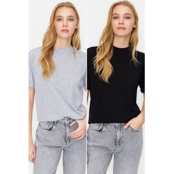 Trendyol Black-Grey Melange 2-Pack Basic High Neck Knitted T-Shirt