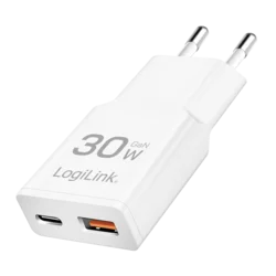 Logilink punjač 2 porta, 1 x USB type c, 1 x USB A, 30W, GaN, slim, bela