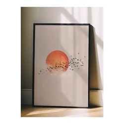 WallXpert uramljena slika 115231, narandžasto sunce i jato ptica na bež pozadini, 30 x 40 cm, crni ram