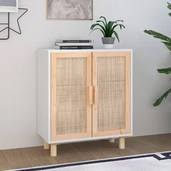 Komoda bijela 60 x 30 x 70 cm masivna borovina i prirodni ratan