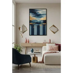 WallXpert uramljena slika na platnu Huhu3110, tamnoplavo nebo sa zlatnim oblacima nad plavo-bež prugama, 70 x 100 cm