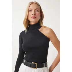 Happiness Istanbul Womens Black Open Shoulder Ribbed Knitted Blouse