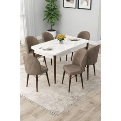 Hanah Home trpezarijski set Rut, sto na razvlačenje i 6 stolica, bela ploča, noge boje oraha, kapućino tkanina Babyface
