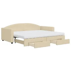 Vidaxl Izvlečna dnevna postelja s predali krem 90x200 cm blago