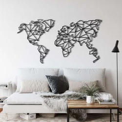WallXpert metalni zidni ukras 5212, geometrijska linijska mapa sveta, 120 x 63 cm, crni